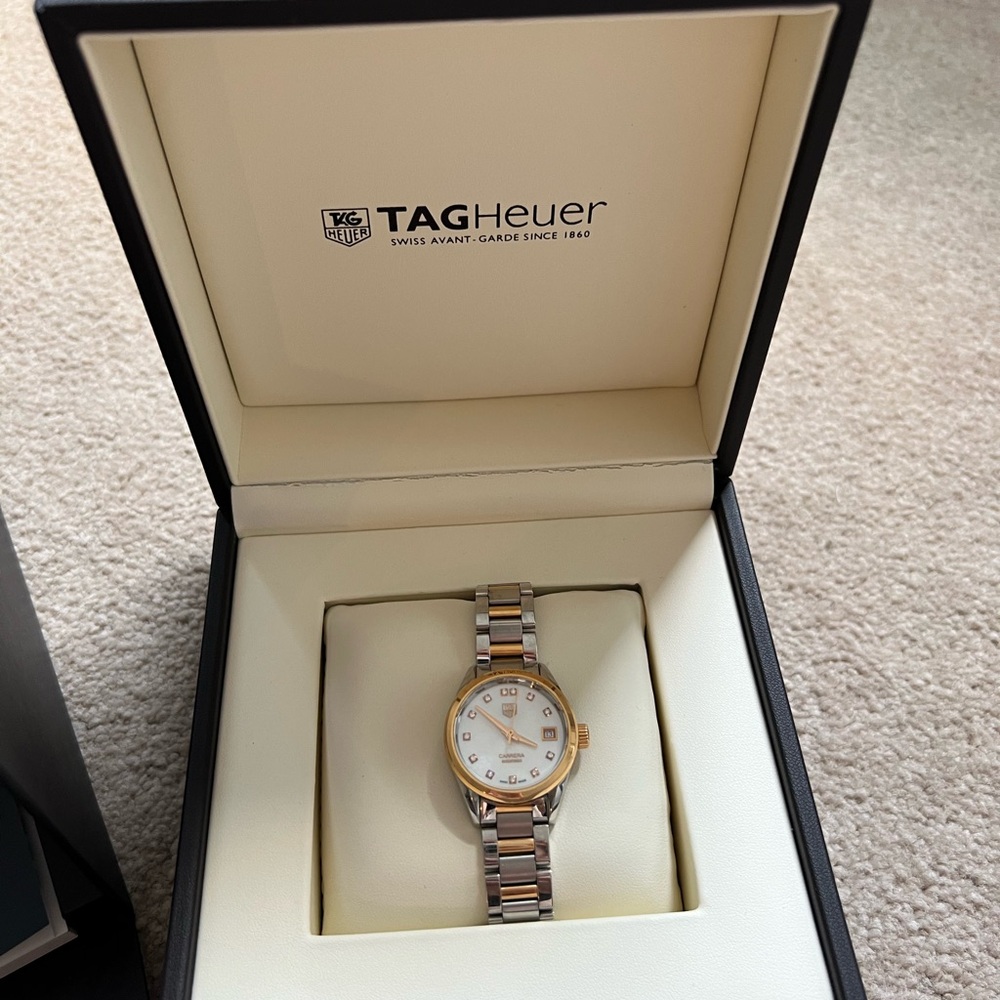 Tag Heuer Carerra silver and rose gold tone diamond watch